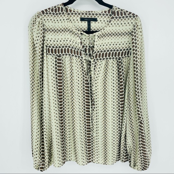 BCBGMaxAzria Tops - BCBGMazAzria Lorella Khaki Combo Blouse Balloon Sleeves V-Neck Long Sleeve Top